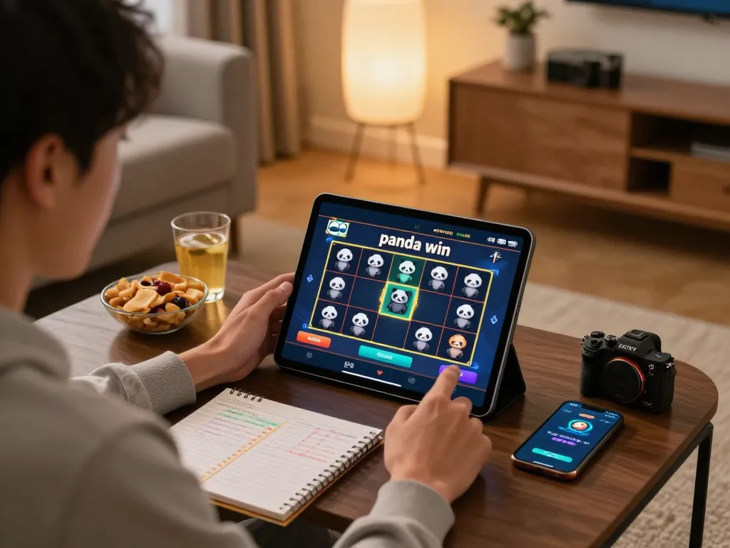 Panda win permainan slot online di tablet dalam suasana rumah yang nyaman, menekankan hiburan yang strategis.