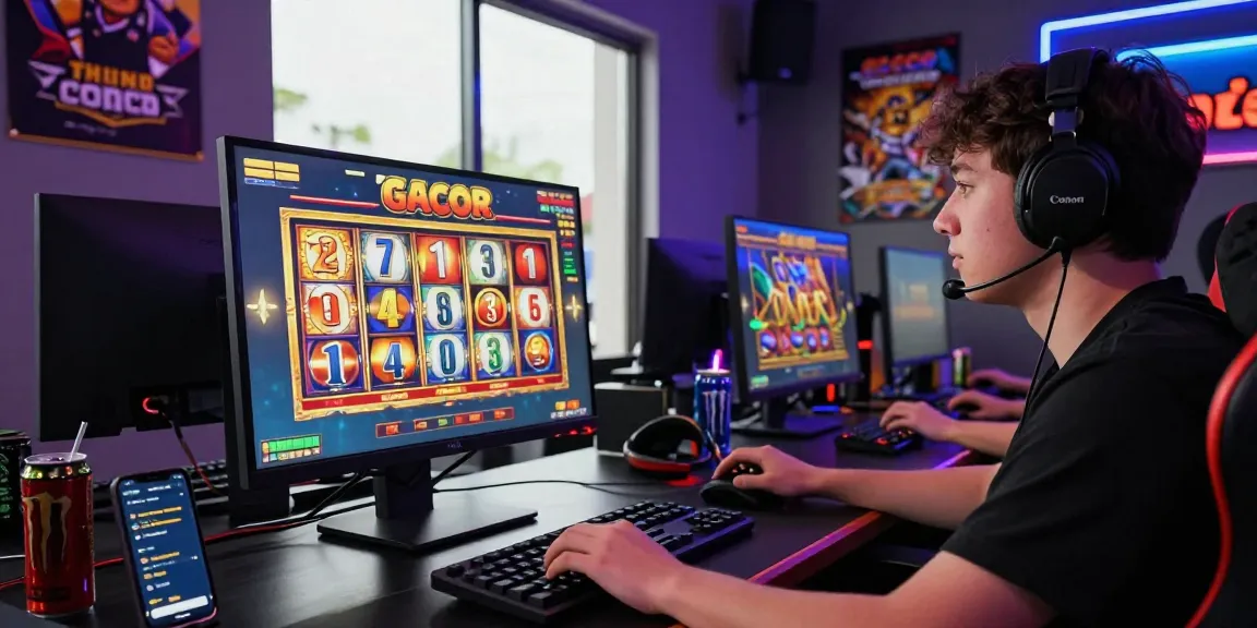 Player enjoying slot gacor games on a vibrant gaming desk, focused on dynamic animations.
