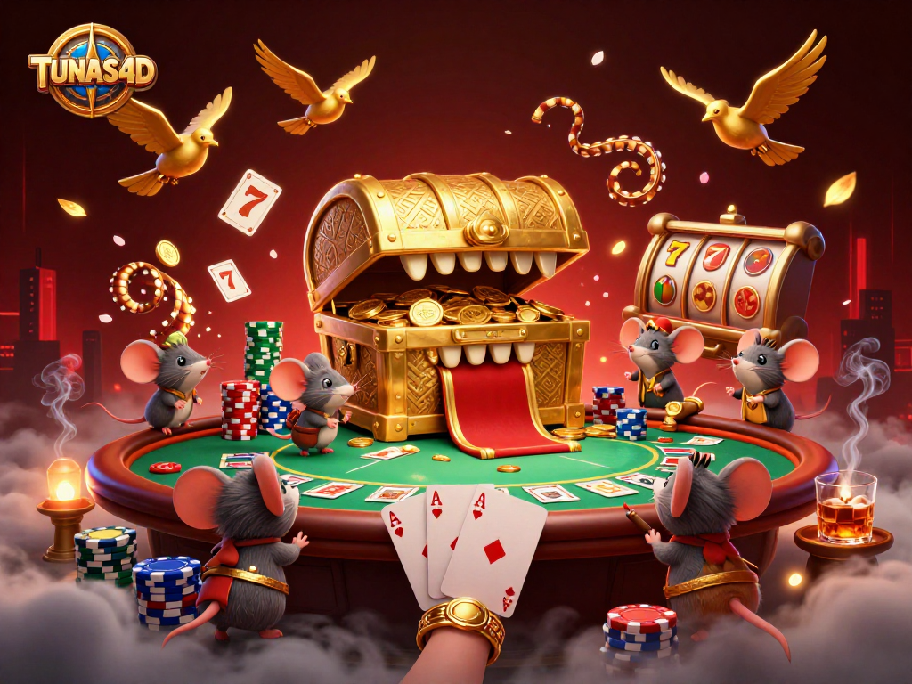 Experience the thrill of TUNAS4D with an exciting casino scene featuring colorful slot elements and a treasure chest.
