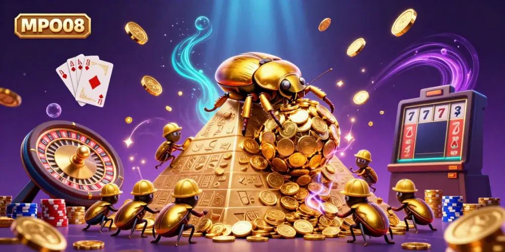MPO08 features a massive golden dung beetle in a vibrant casino illustration, surrounded by cascading coins and gaming elements.