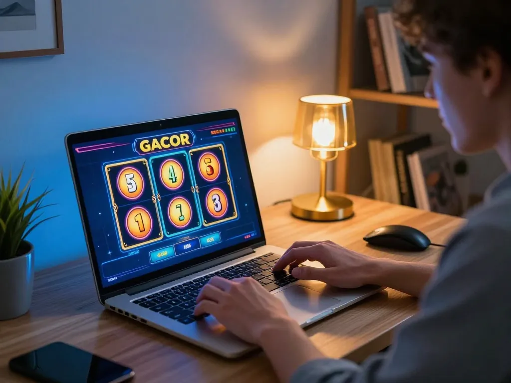 Player experiencing slot gacor excitement during online gaming session at home with laptop.
