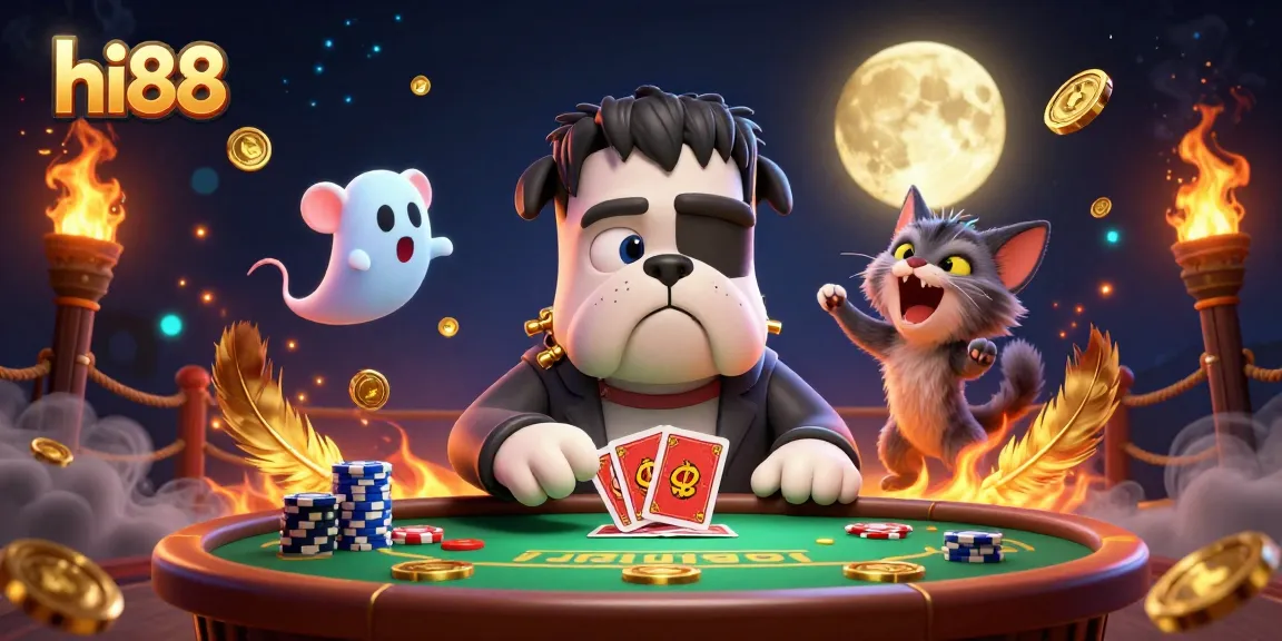 hi88 showcases a lively 3D casino scene with a Frankenstein bulldog dealing cards, ensuring engaging gameplay.