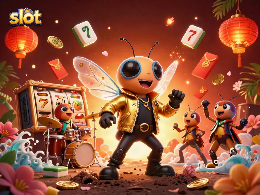 Spin the slot reels with vibrant characters and symbols creating an exciting casino atmosphere.