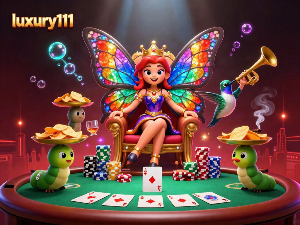 Experience luxury111 with a vibrant poker scene featuring a butterfly queen and animated characters.