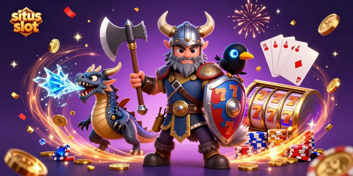 Experience thrilling situs slot action with Viking warrior, dragon, and raven amidst dynamic casino elements.