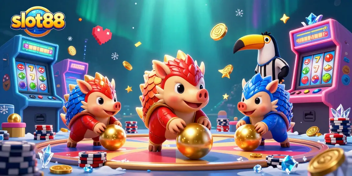Dalam slot88, pangolin bersaing dengan koin emas dan gulungan slot di lingkungan kasino yang cerah.