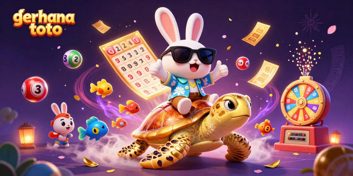 Gambar gerhana toto menampilkan kelinci keberuntungan dengan kura-kura emas, bola lotere berwarna-warni di sekitar mereka.