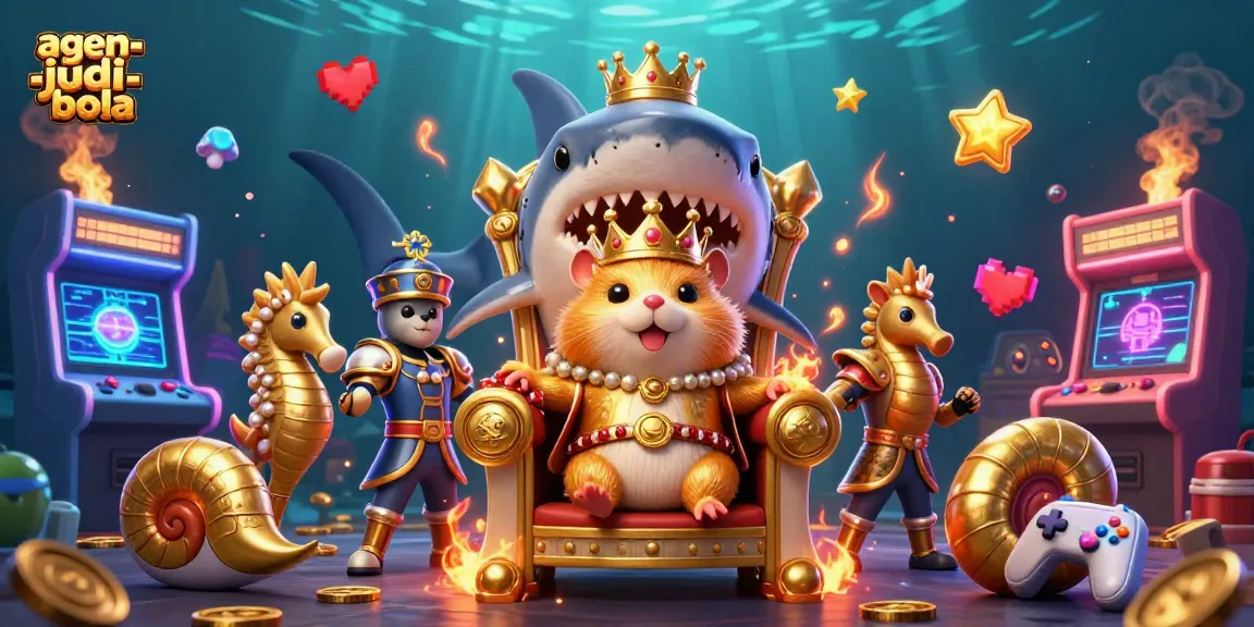 Bet on agen-judi-bola with the golden hamster king overseeing a vibrant arcade-themed casino scene.