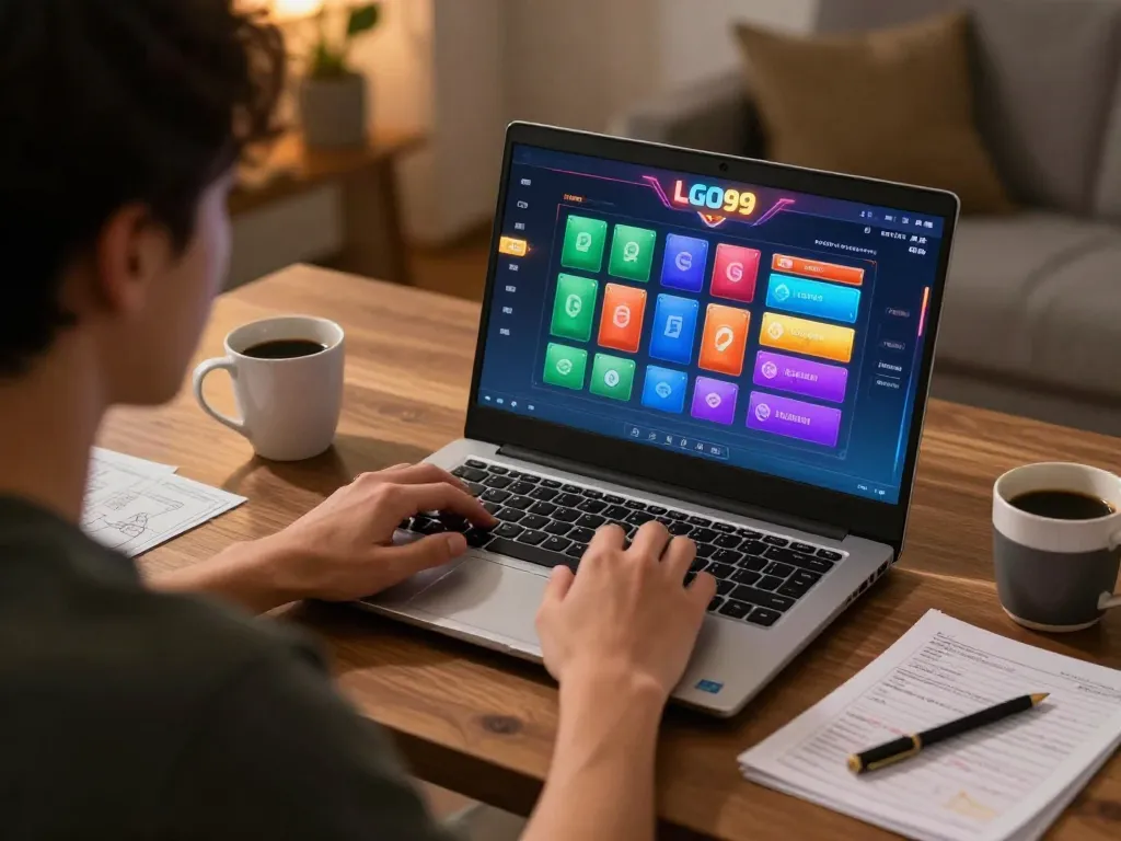 LGO99 user engaging with online slots at home, showcasing vibrant graphics and warm ambiance.
