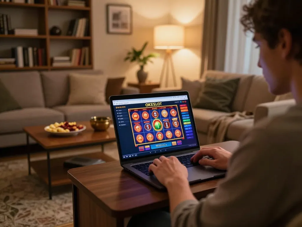 Person enjoying online slot gaming at home using OKESLOT interface on a laptop.