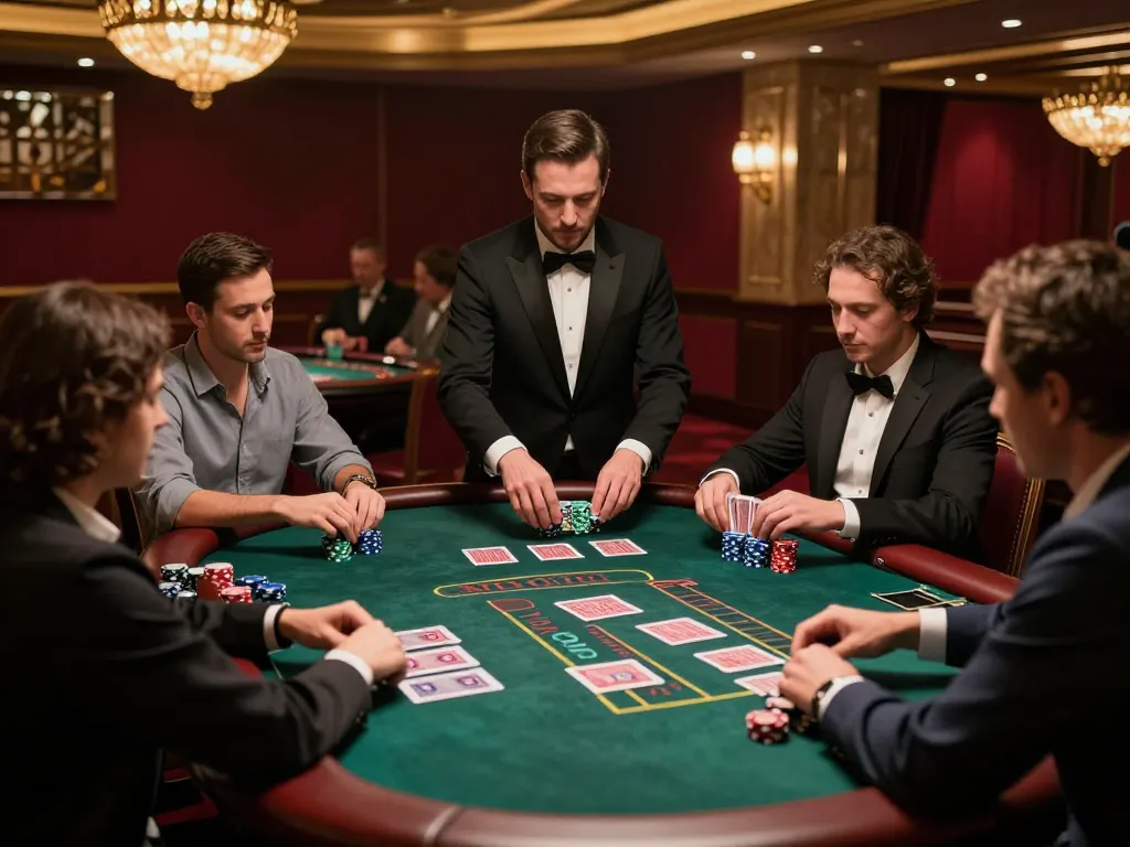 Players engaging intensely in a blackjack game with joylink free kredit, strategizing bets in an upscale casino.