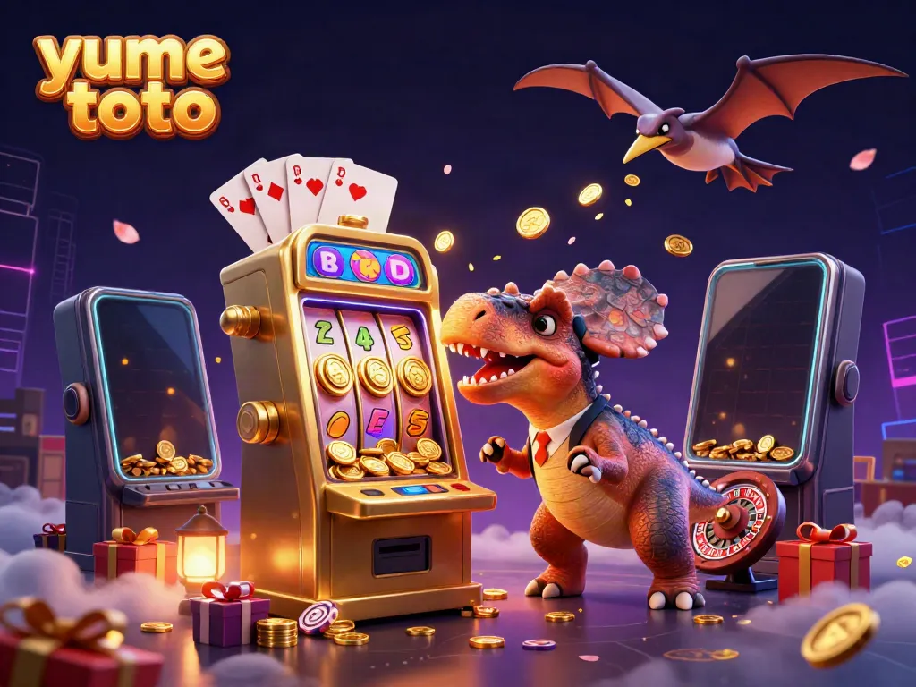 Experience yume toto's thrilling jackpot with a dinosaur headbutting a slot machine amidst vibrant casino action.
