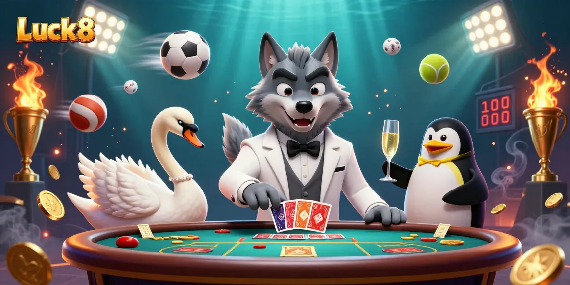 Luck8 offers thrilling gameplay at a baccarat table with dynamic characters and vibrant casino elements.