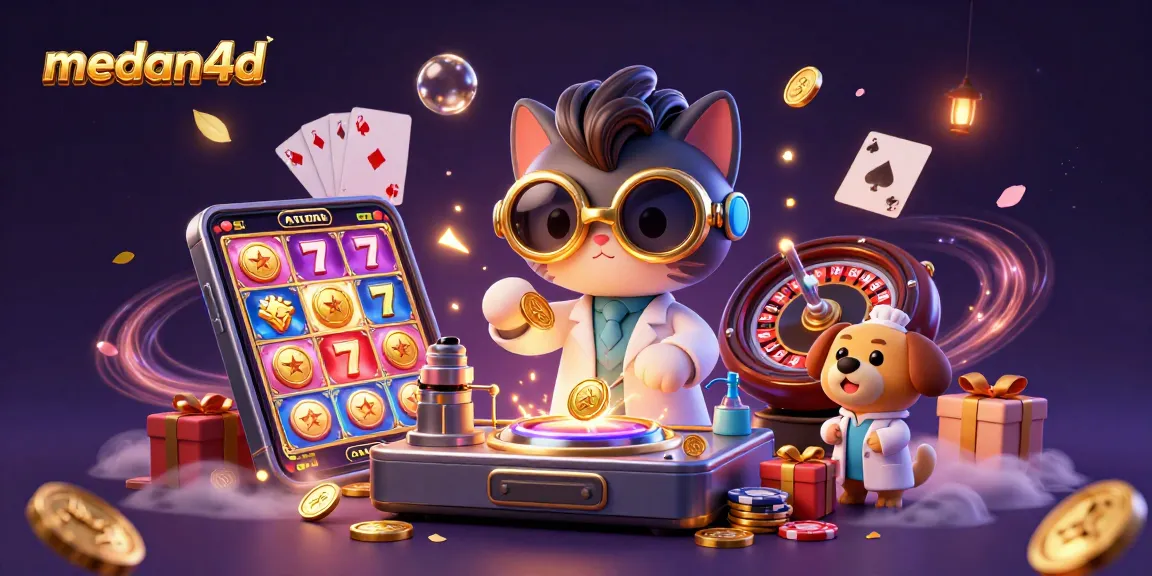 Memenangkan jackpot di medan4d dengan ilustrasi cat ilmuwan gila dan anjing asisten, dikelilingi elemen kasino.