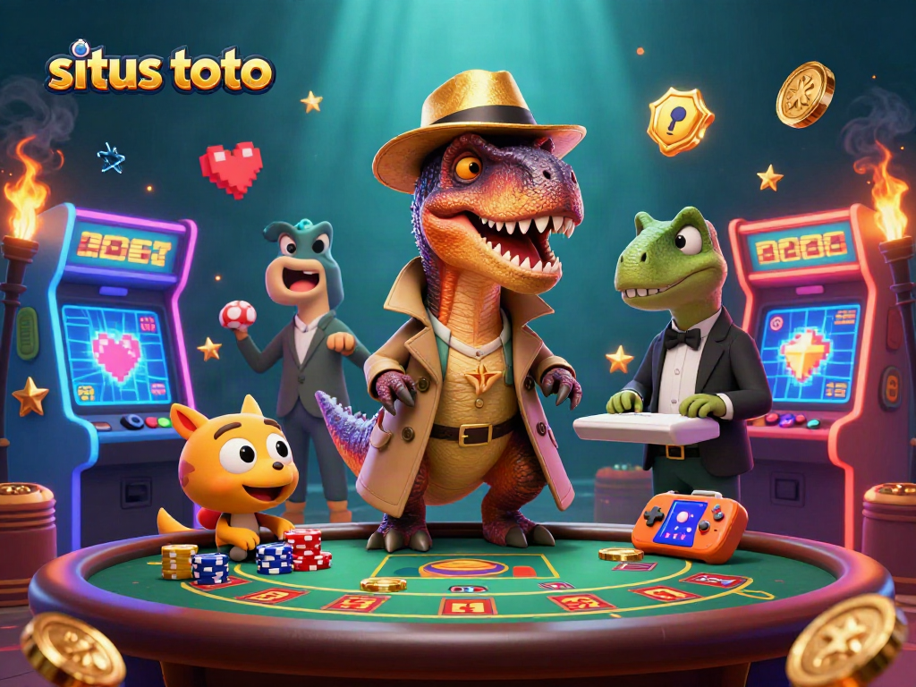 Mengintip aksi situs toto dengan velociraptor dan pit boss stegosaurus di meja blackjack, penuh dengan chip kasino.