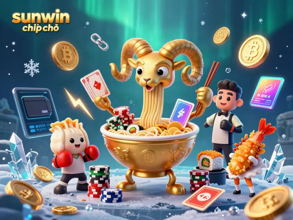 Join the fun in sunwin chính chủ with a dynamic scene of playful food-themed casino characters amidst glowing crypto elements.
