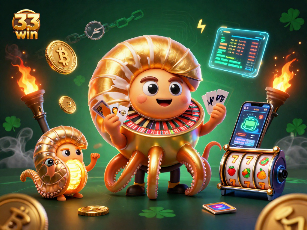 Play and win with 33 win, featuring a giant nautilus and spectacular slot elements in a vibrant casino.