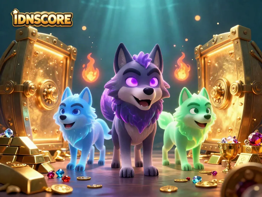 IDNSCORE offers vibrant gaming with a wolf character leading a treasure-filled casino scene.
