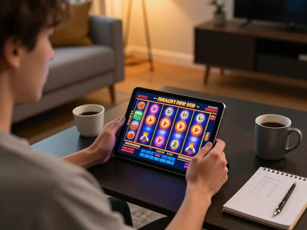 Engaged user playing Slot Resmi games on a tablet in a cozy living room setting.