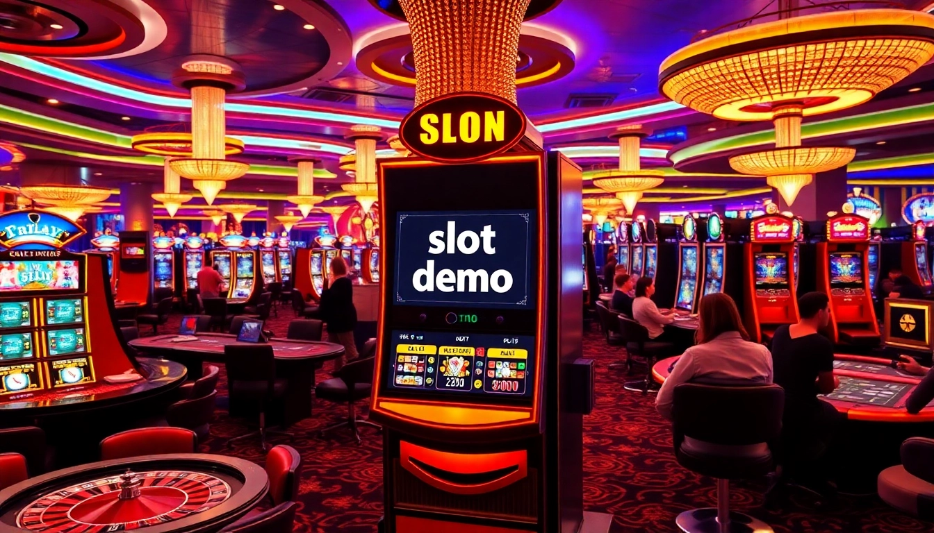 Enjoying a slot demo at a vibrant casino filled with colorful machines and excitement.