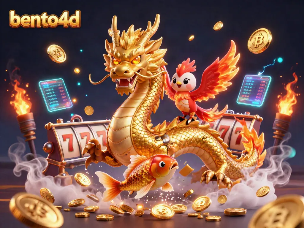 Engage with bento4d's thrilling slots, featuring a dragon and phoenix amidst dynamic casino elements.
