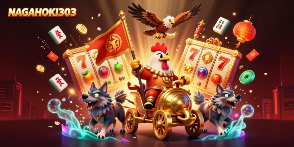 NAGAHOKI303 showcases vibrant slot action with a rooster warlord and dynamic elements.