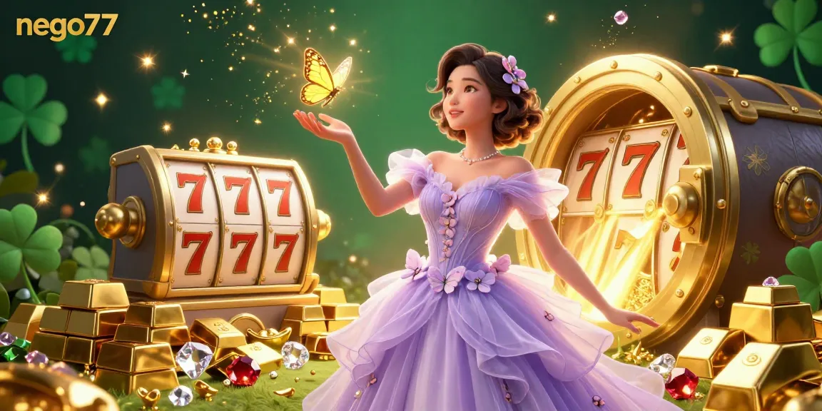 Experience thrilling wins with nego77 in this vibrant casino scene featuring dynamic slot elements and golden treasures.