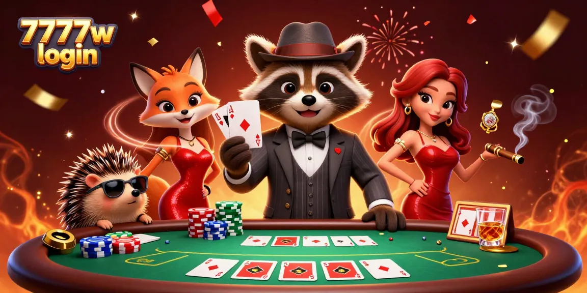 Experience 7777w login action with stylish characters in a vibrant casino scene filled with poker excitement.