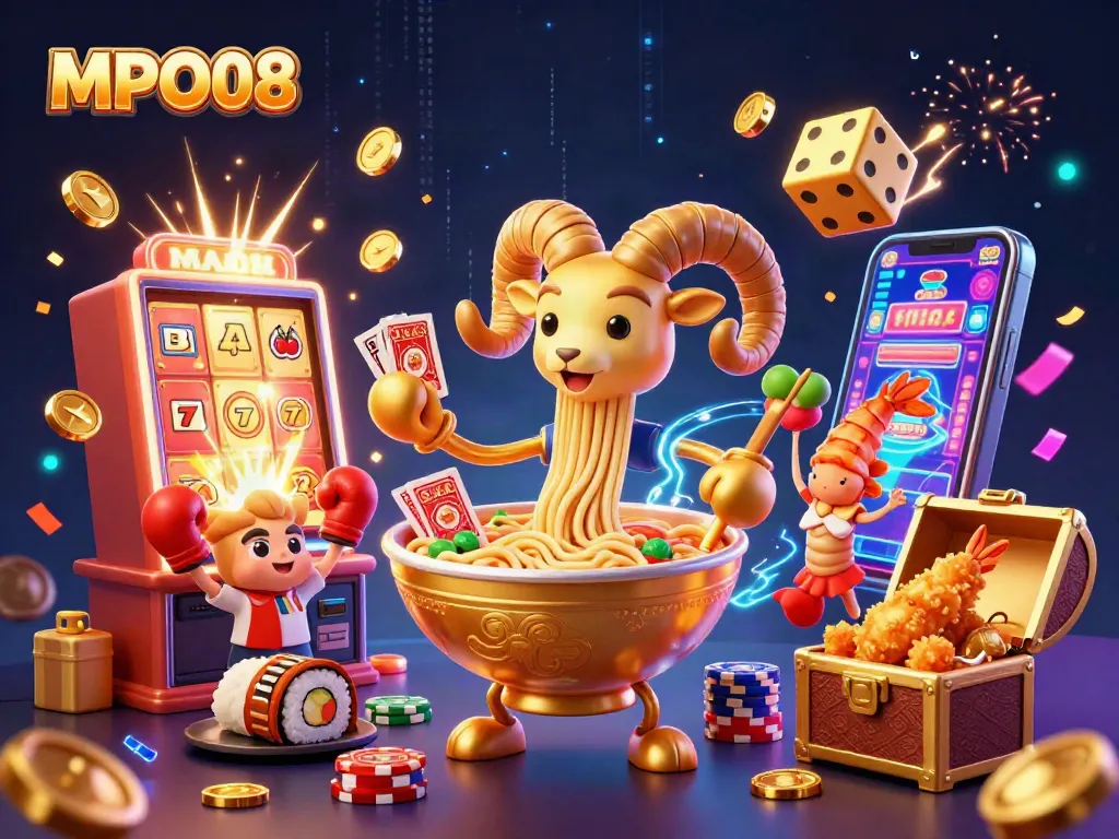 MPO08 showcases a vibrant and dynamic casino scene with cartoon characters engaging in thrilling gaming action.