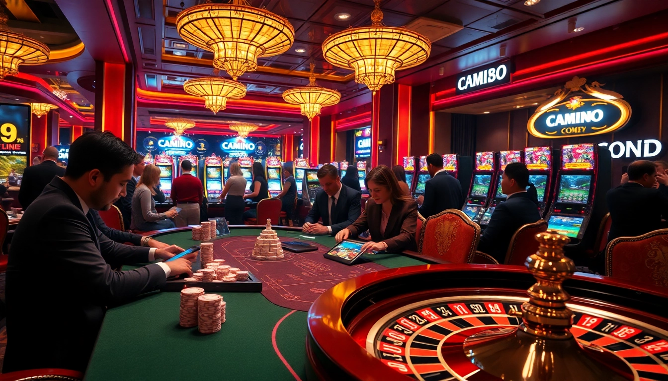 A vibrant casino scene showcasing CM88.COM with players engaged in poker and roulette, emphasizing excitement and luxury.
