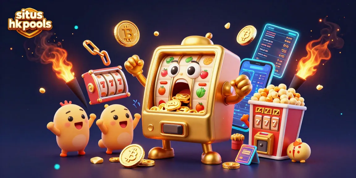 Menyaksikan situs hk pools, mesin slot mengeluarkan koin berkilau dengan anak mesin slot bersorak.