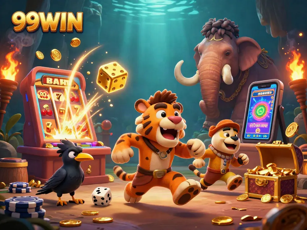 Experience the excitement of 99WIN with a dynamic, prehistoric casino scene featuring caveman characters.