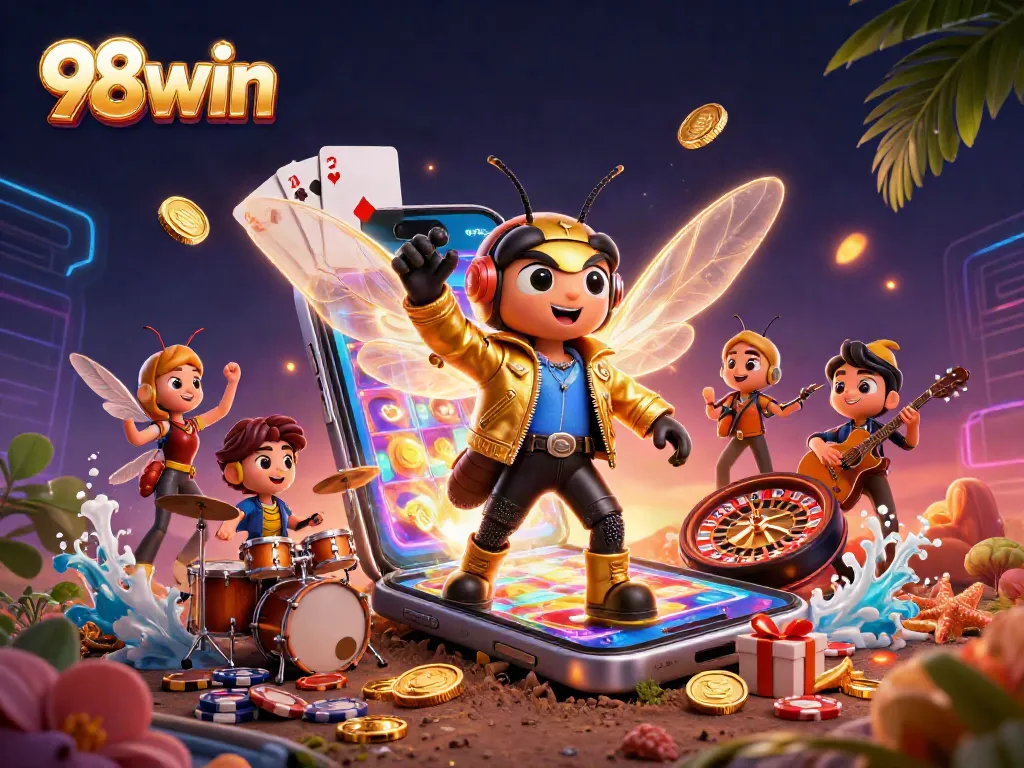Experience exciting wins with 98win in this vibrant casino scene featuring animated characters.