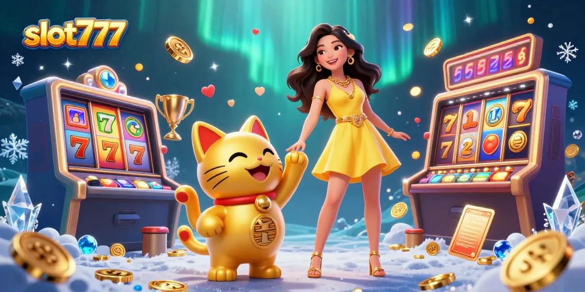 Win big with slot777 in this vibrant casino illustration featuring an engaging Asian woman and lucky cat.