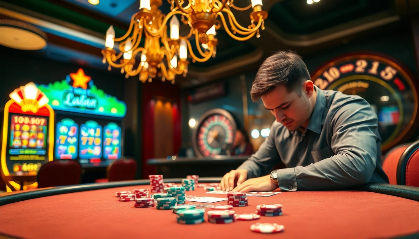 Exciting gambling scene showcasing ktpjitu alternatif with poker chips, cards, and a vibrant slot machine.