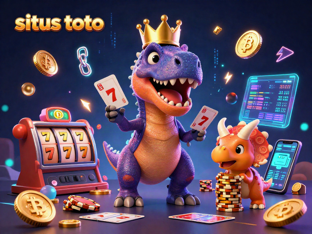 Gambarkan situs toto dengan T-Rex bermain kartu dan triceratops menumpuk chip emas dalam suasana kasino cerah