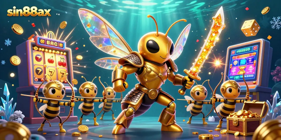 Engage in thrilling action with sin88ax, featuring a dynamic casino scene with a samurai hornet, jackpot slot machines, and vibrant game elements.
