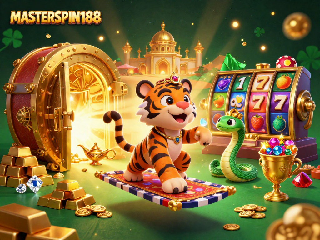 Engage with thrilling slots at MASTERSPIN188 featuring vibrant characters in a rich casino scene.
