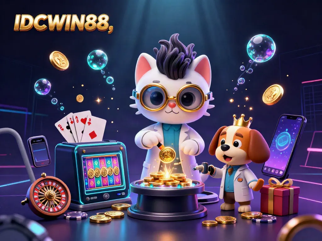 Experience thrilling gameplay at IDCWIN88 with 3D cartoon characters amidst vibrant casino elements.