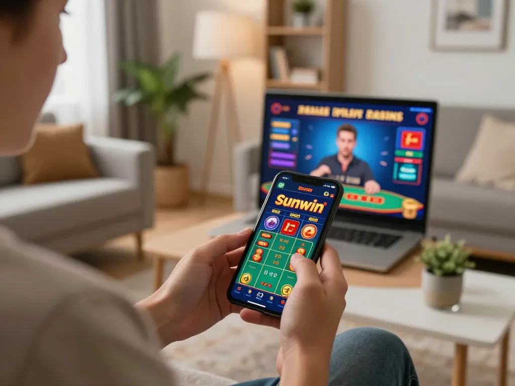Engaged player using Sunwin app on smartphone in a cozy living room