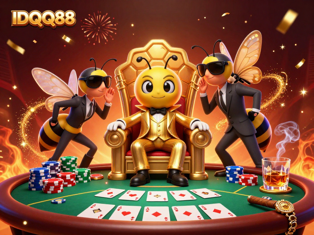 Experience IDQQ88 thrills with vibrant poker elements and animated 3D characters in a casino scene.