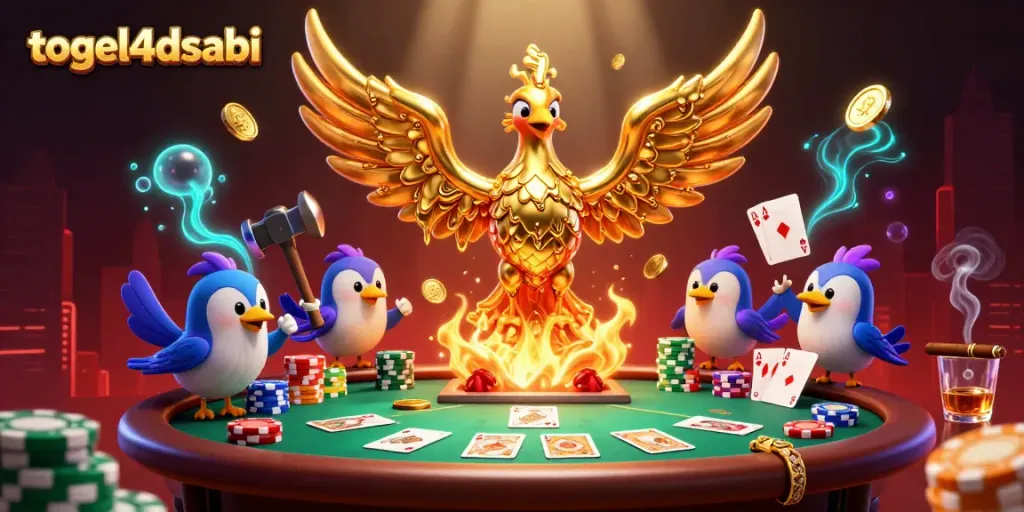 Menggunakan togel4dsabi, ilustrasi kartun 3D phoenix emas dengan detail tinggi dalam suasana kasino yang meriah.
