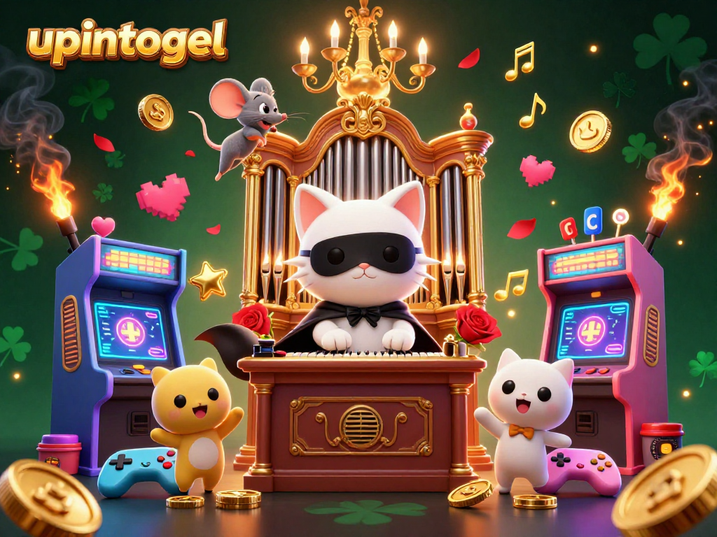 Engage in upintogel with a whimsical casino scene featuring a cat at an organ and dynamic gaming elements.