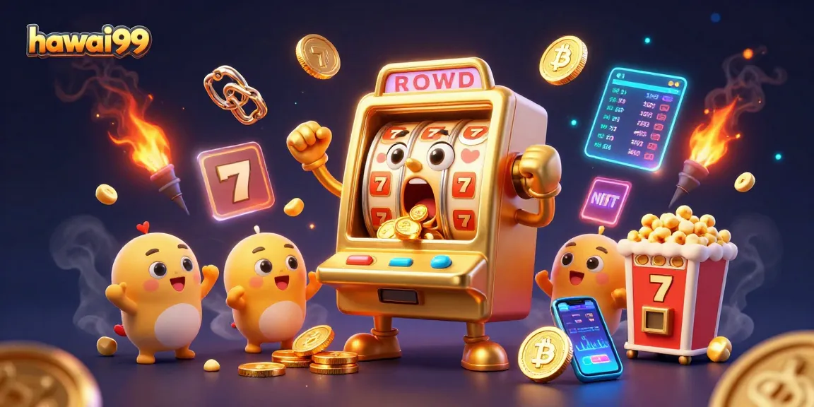 Experience excitement with hawai99's golden slot machine hitting jackpots amid a carnival of coins and crypto.