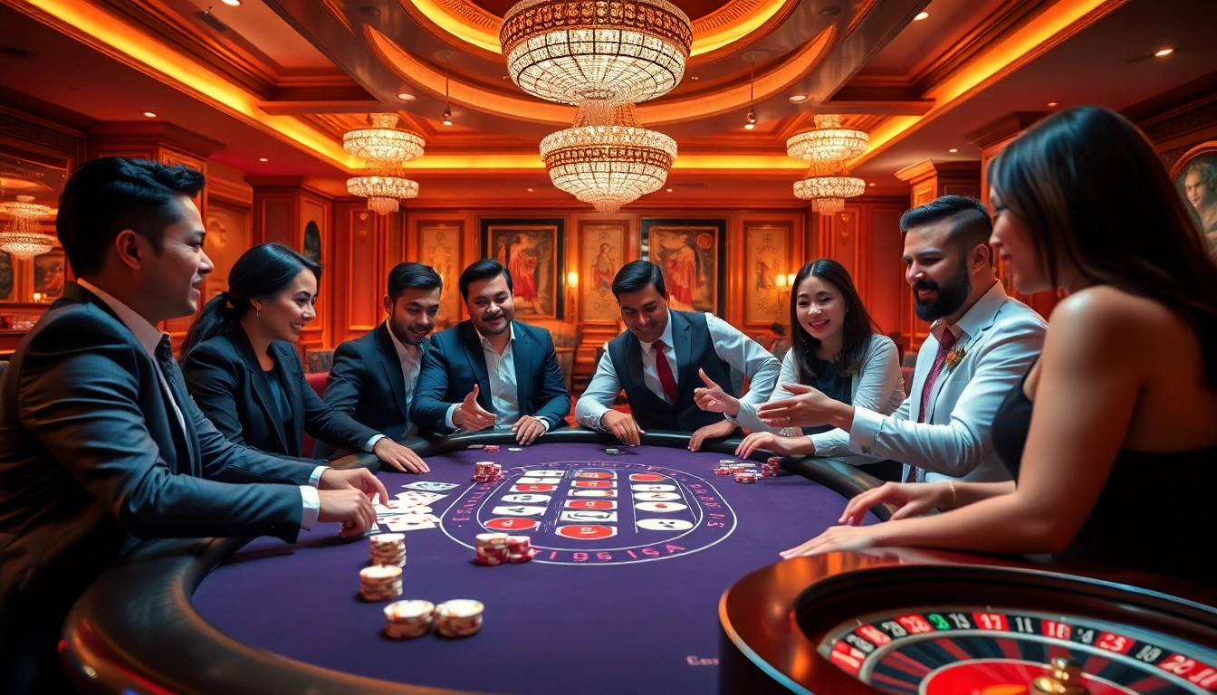 Kaisar888 login at a luxurious poker table with excited players in a glamorous casino setting.
