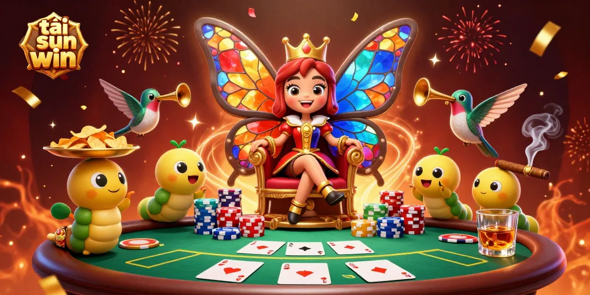 Experience the thrill of tải sun win with vibrant casino scene featuring a butterfly queen and poker elements.