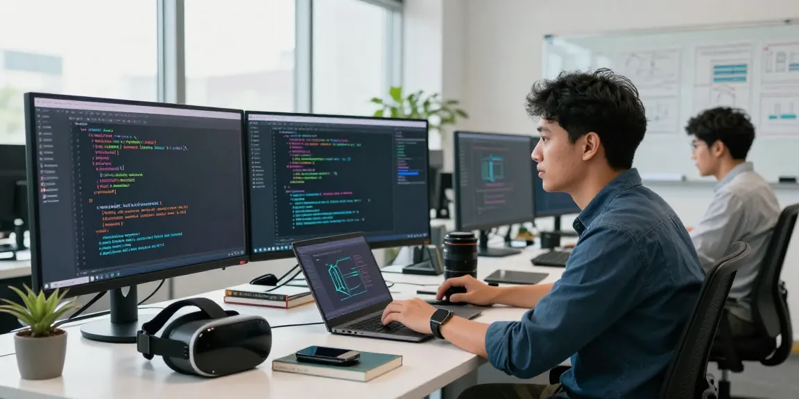 Pengembang UE99 sedang bekerja dengan teknologi blockchain di kantor modern.