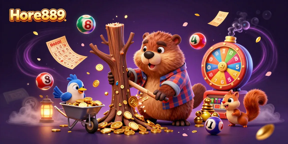 Engage in thrilling gameplay with Hore889 as the cartoon beaver delivers golden coins in a vibrant casino scene.