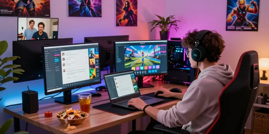 Gamer bermain natunatoto di ruang nyaman dengan cahaya LED berwarna-warni.