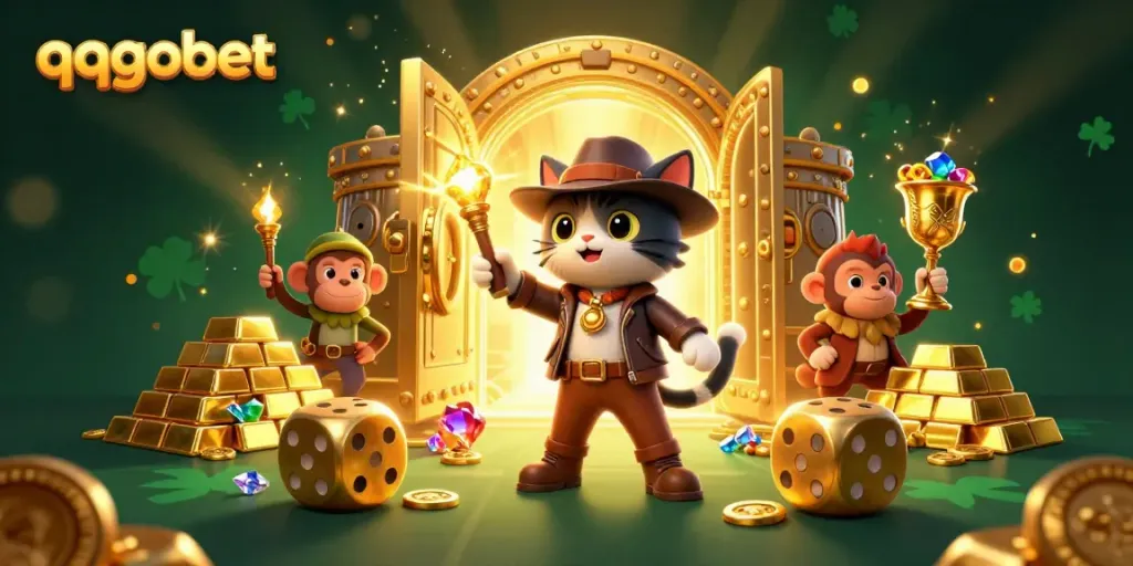 Ilustrasi 3D menampilkan qqgobet yang digandeng oleh karakter kucing arkeolog dan monyet, menemukan artefak kasino emas.